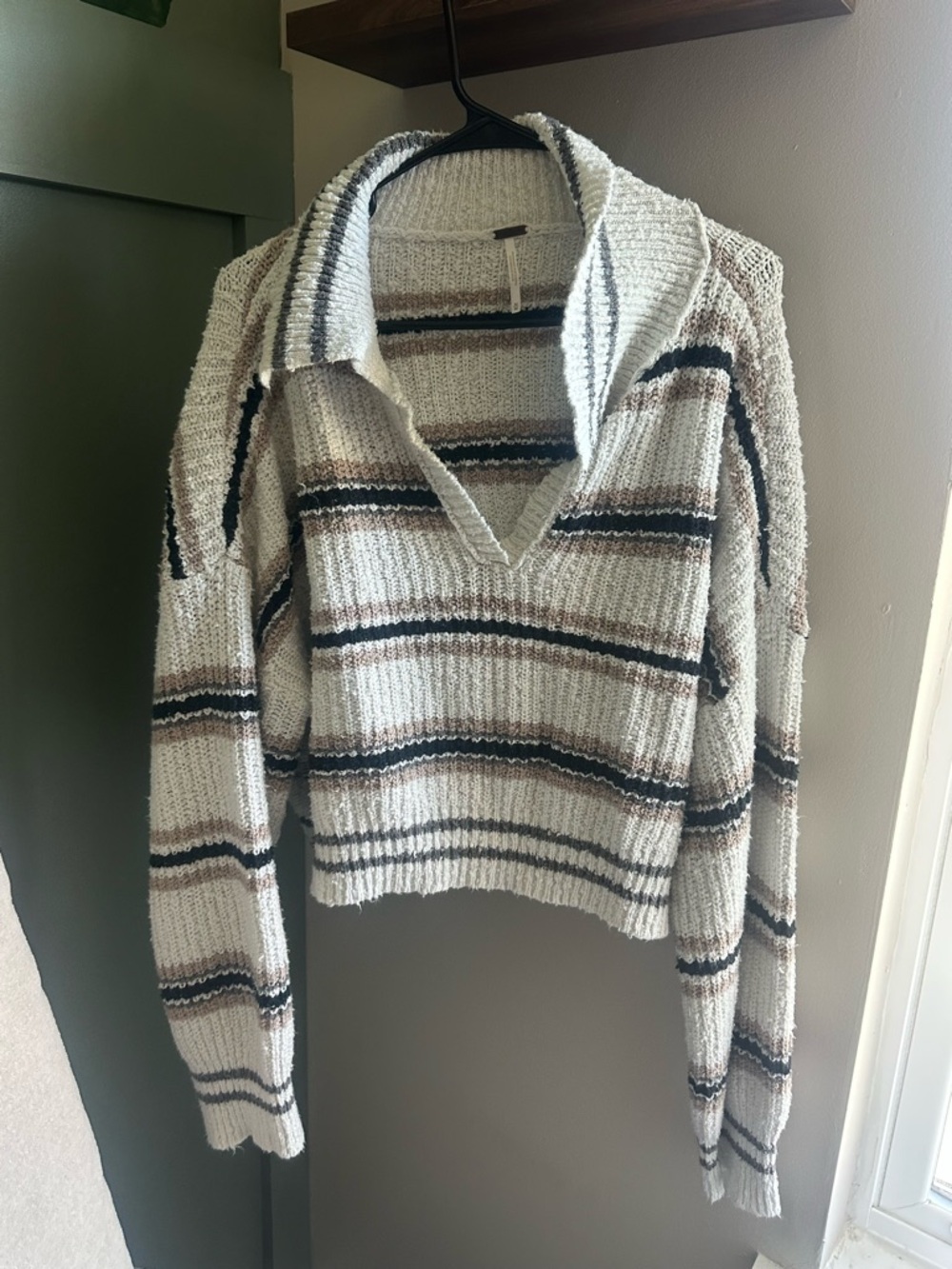 Free People Cream Striped V-Neck Collared Sweater